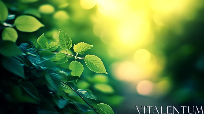 Fresh green leaves in morning sunlight, dreamy nature photography.