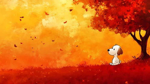Cartoon puppy sits under fiery autumn tree at sunset sky