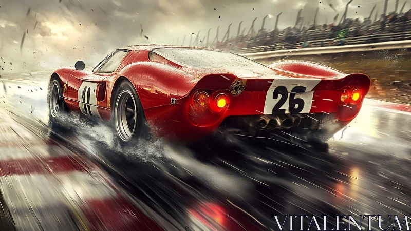 Red vintage race car powers through wet circuit in storm.