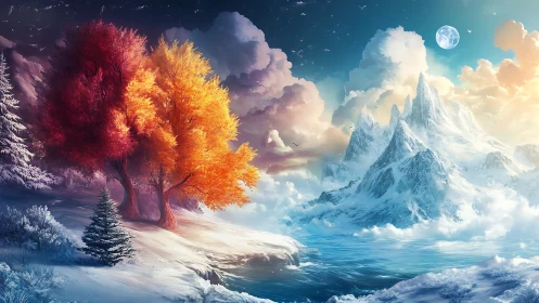 Chromatic autumn trees contrast luminous icy mountainscape