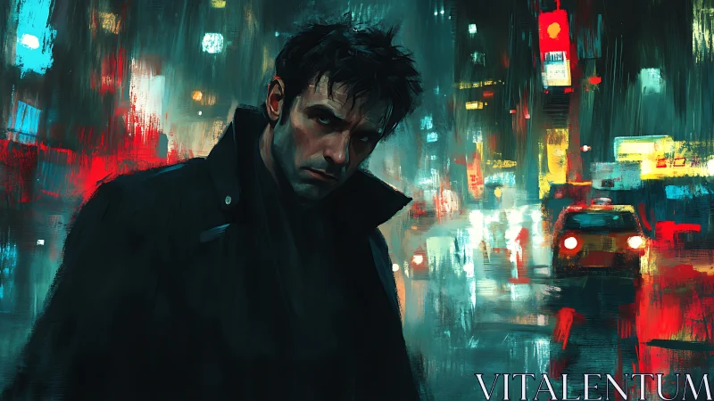 Solitary male figure in rainy neon-lit urban street scene.