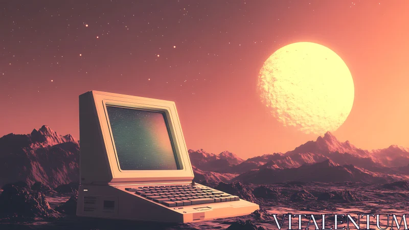Retro computer beneath colossal alien sun on desert plain.