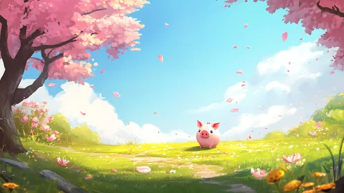 Pink pig stands centered in stylized spring meadow scene