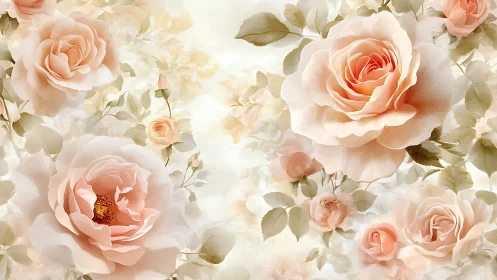 Soft peach and cream roses with layered petals and muted greenery.