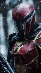 Armored sci-fi warrior in red helmet during snowfall.