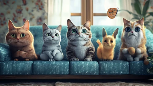 Five Cats Seated on Turquoise Sofa in Sunlit Interior Setting