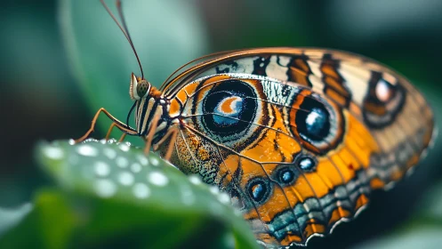 Vivid butterfly rests on dewy leaf in lush green garden