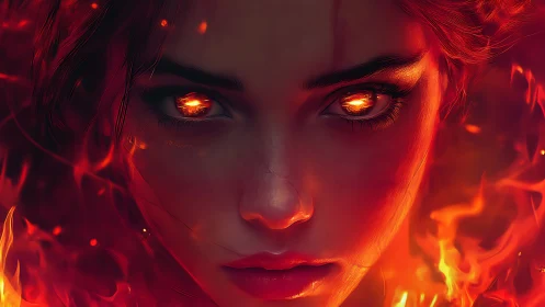 Fiery eyed elemental woman portrait in intense orange flames