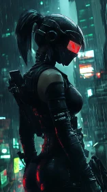 Helmeted cybernetic operative in neon rain-soaked cityscape.