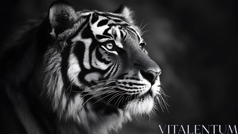 Monochrome tiger portrait with dramatic side lighting profile.