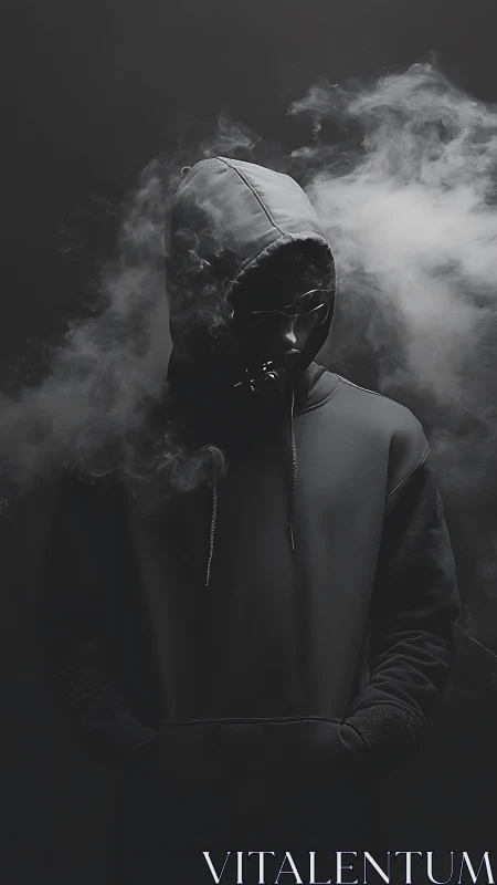 Hooded figure in low key lighting surrounded by diffused vapor