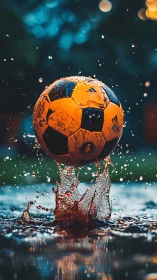 Soaked soccer ball bursts upward through glowing rain splash