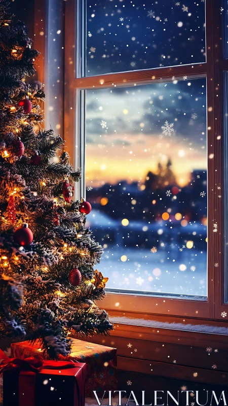Cozy Christmas tree by a snowy sunset window glow.