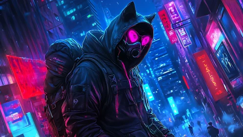 Hooded cyberpunk wanderer stalks neon rain city street