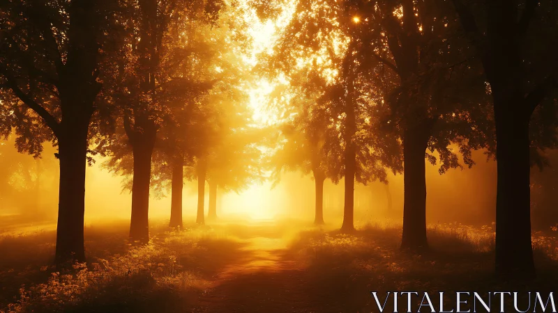 Golden sunrise path through a quiet, dreamlike forest.