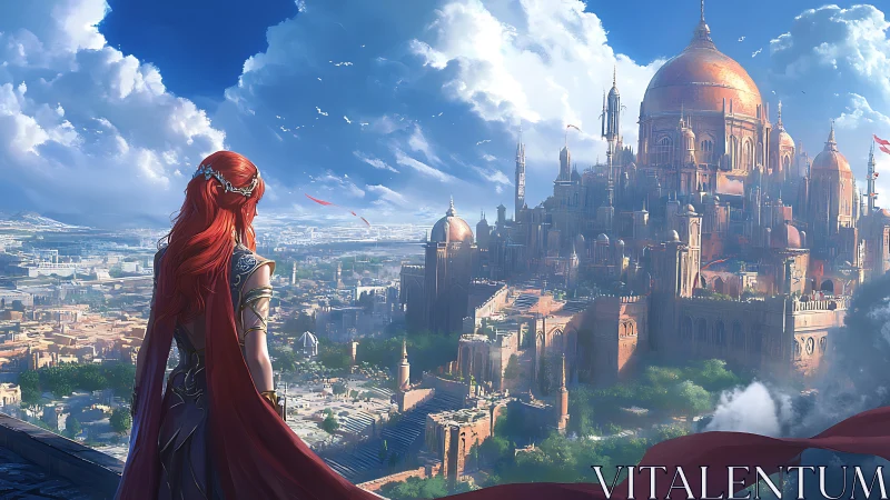 Red haired warrior overlooking vast sunlit fantasy city.