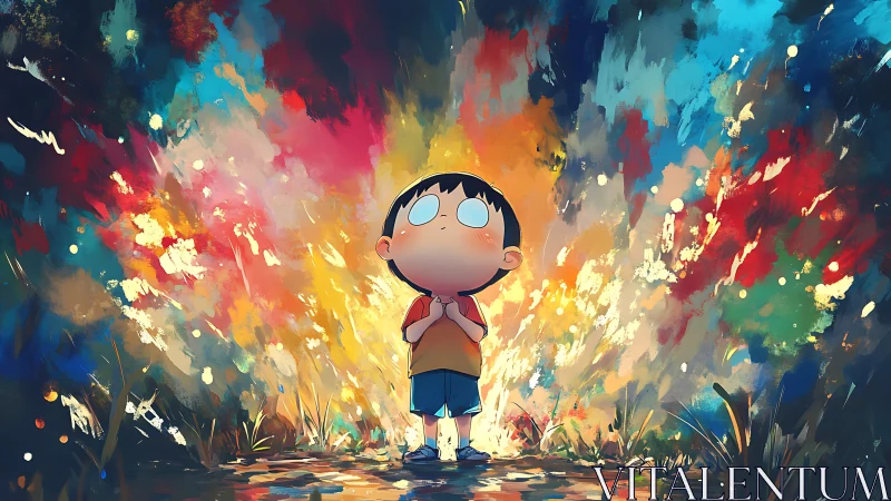 Small child bathed in radiant abstract color storm backdrop.