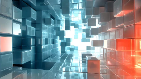 Futuristic glass cubes corridor with blue and orange lighting effects.
