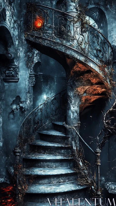 Spellbound spiral staircase guarding a single embered eye.