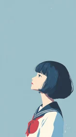 Side-profile schoolgirl illustration against pale blue sky.