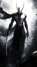 Masked blade warrior strides through stormlit void.