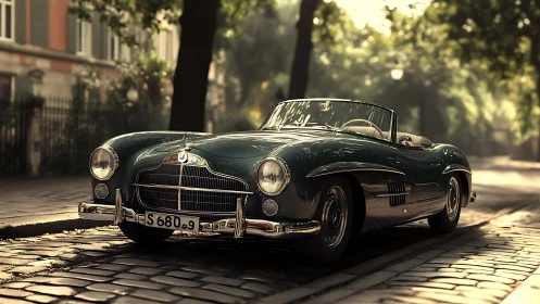 Sunlit classic roadster lounges on quiet cobblestone street