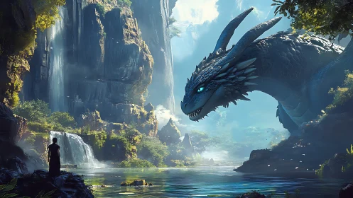 Human figure and blue dragon in misty waterfall canyon.