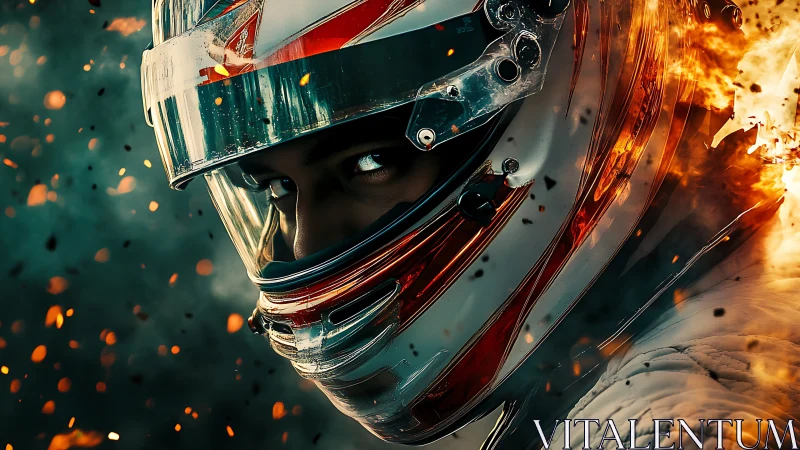 Racing driver visor amid erupting flames and embers.