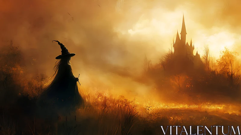 Silhouetted witch figure observing distant castle at dusk.