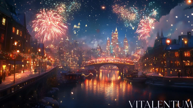 Fireworks over festive canal city glow in winter night sky.