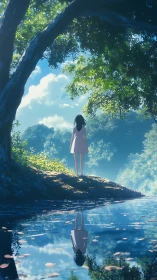 Quiet girl trades secrets with her river mirror beneath trees