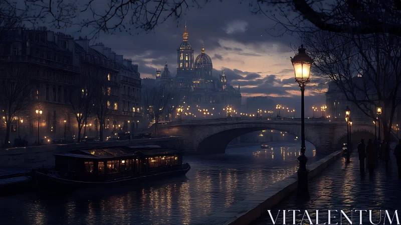 Nocturnal riverside cityscape under cinematic lamplight.