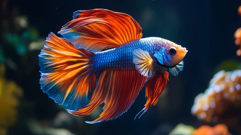 Vibrant betta fish glides through softly lit aquatic depth