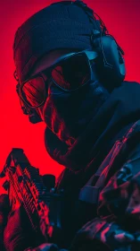 Armed tactical operator in neon red-blue cinematic lighting