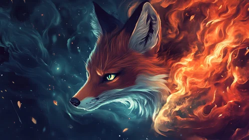 Elemental fox profile merges fire and cosmic shadow.