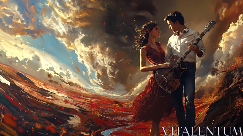 Couple with electric guitar in swirling painted landscape.