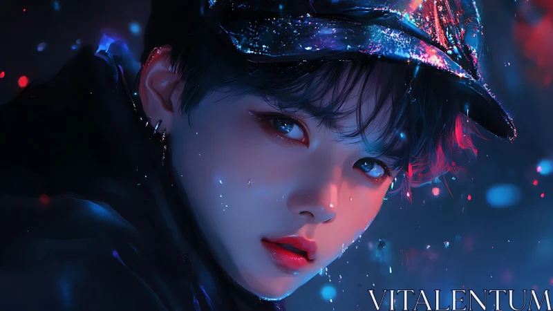 Neon-lit portrait captures a luminous gaze in moody rain