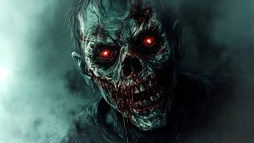 Rotting zombie skull stares forward with glowing red eyes