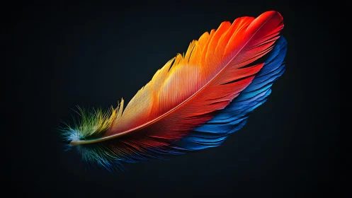 Vibrant Multicolored Feather on Black Background, Digital Art Style.