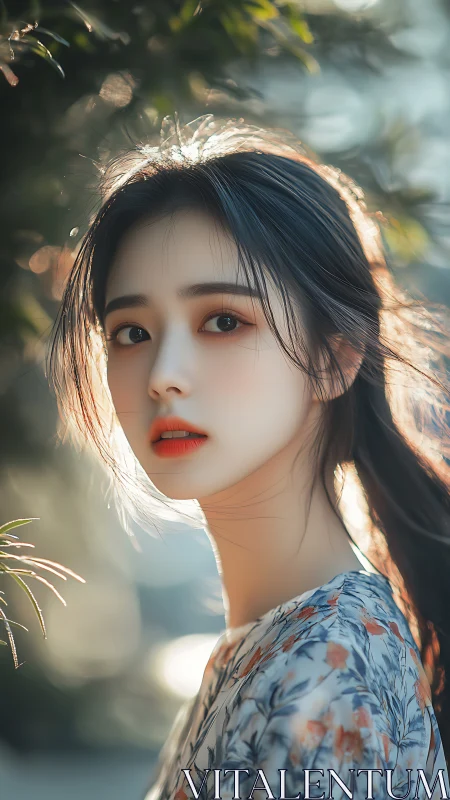 Backlit portrait of young woman in floral print kimono outdoors