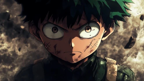 Battle-scarred anime hero stares forward with fierce resolve