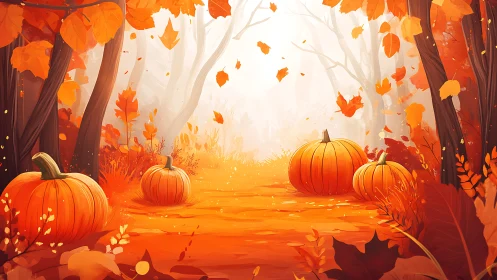Pumpkin lantern path glows through a swirling amber forest.