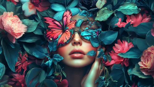 Female face with butterfly glasses in dense floral foliage.