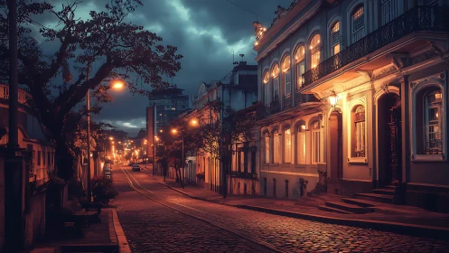Midnight lamps cradle a cobbled city street in amber glow.