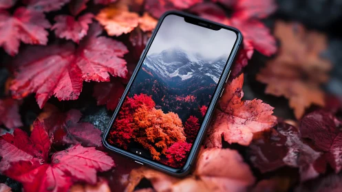 Smartphone reflects autumn forest on vivid red leaves.