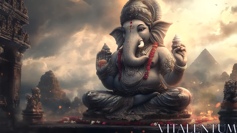Serene Ganesha statue sits in glowing light among ancient temples