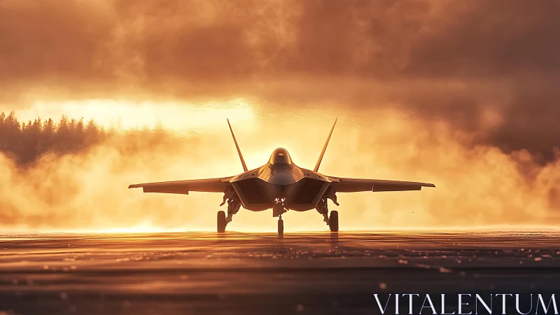 Stealth jet on misty runway under blazing sunset sky.