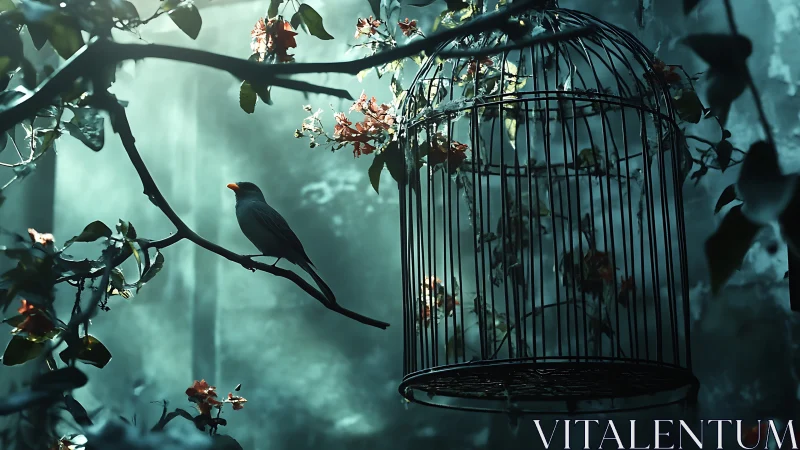 Bird on branch beside empty cage in misty teal forest.