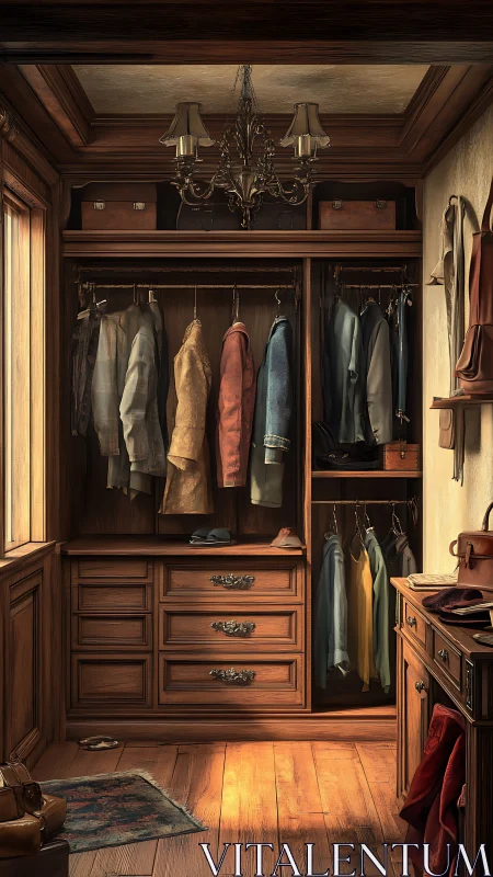 Cozy vintage wardrobe corner glowing with morning light.
