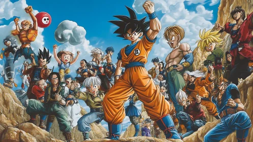 Dragon Ball Z characters stand grouped in rocky canyon scene